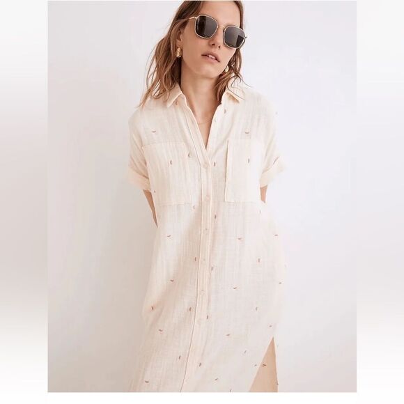 Madewell Embroidered Lightspun Lakeline Shirtdress Beige sz Small - Picture 13 of 13
